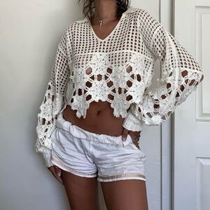 Anthropologie White Crochet Pullover Sweater